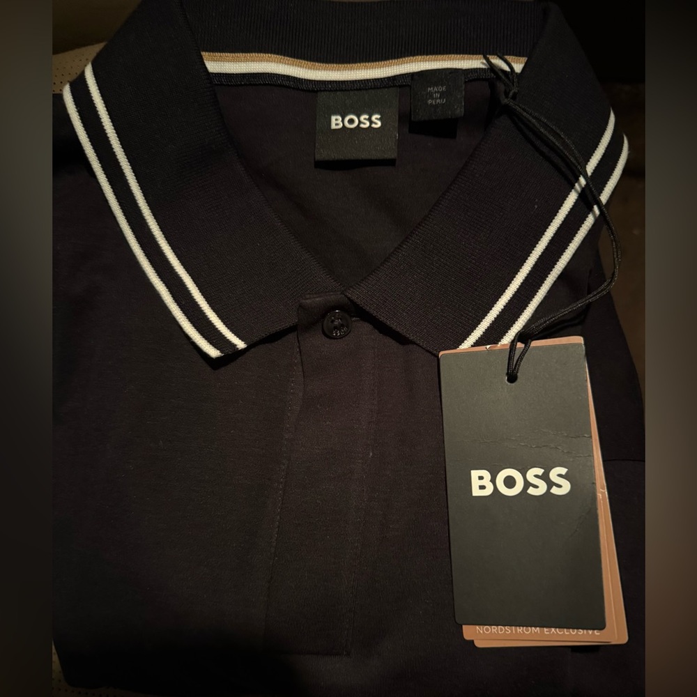 BOSS Polo BLACK with white stripes, size XL,100% Genuine BOSS, Brand New w/Tags.